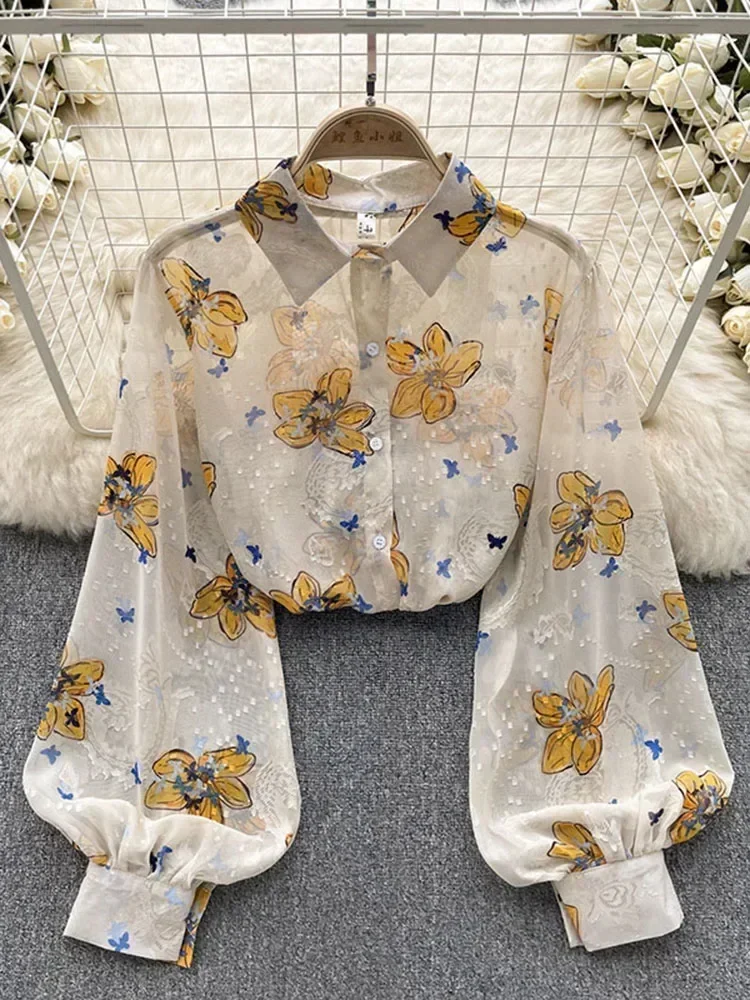 ฤดูใบไม้ผลิฤดูใบไม้ร่วงแฟชั่น Retro ชีฟองดอกไม้เสื้อพิมพ์หลวมพัฟแขนเสื้อปุ่มขึ้นเสื้อหญิง GD611