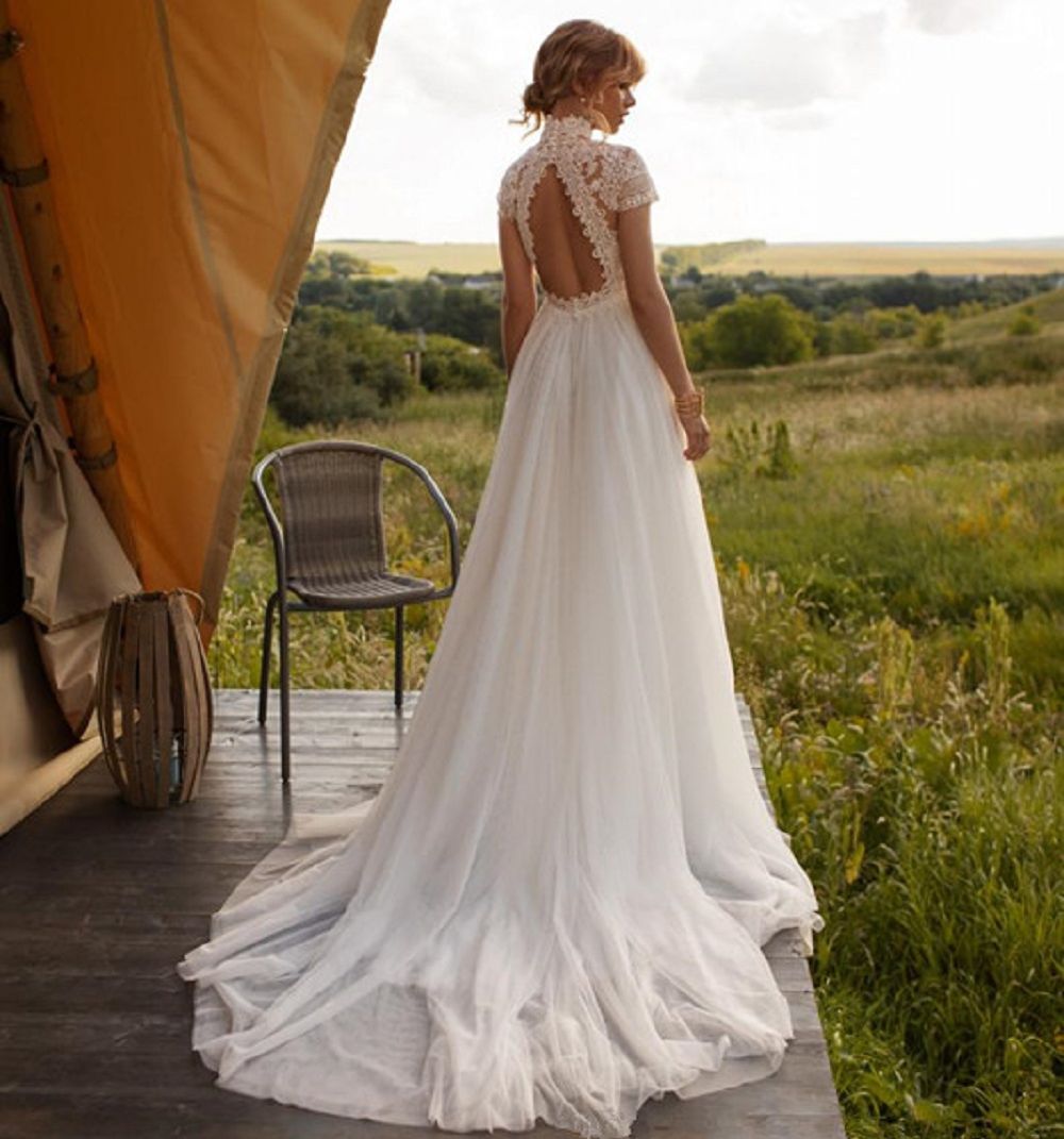 DREAM Maßgeschneidertes Boho-Spitze-Tüll-Hochzeitskleid mit Stehkragen 2025, A-Linie, böhmisches Brautkleid, Vintage-elegante Robe De Mariée