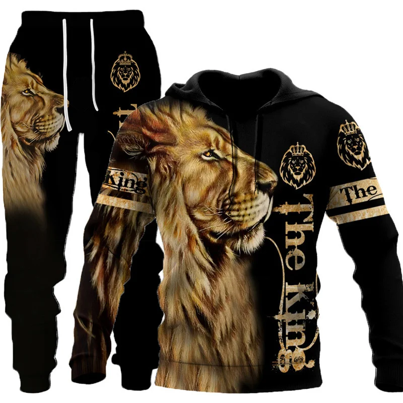 Conjunto de sudadera con capucha y estampado 3D de The Tiger para hombre, chándal/pullóver/chaqueta/pantalones de León, ropa deportiva para otoño e invierno
