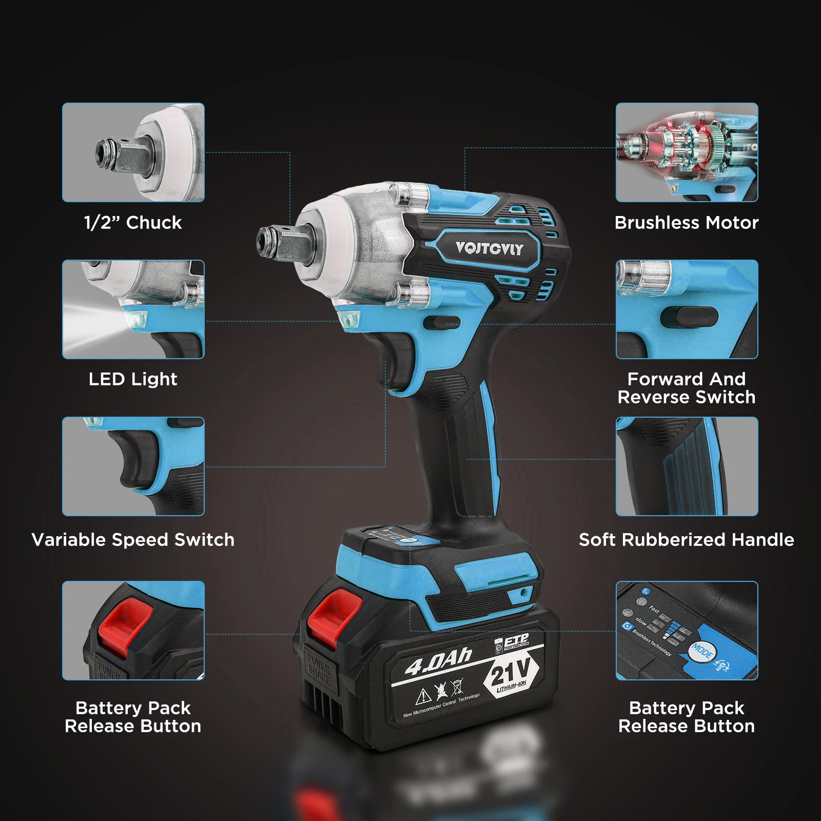 Brushless impact driver, 21V Cordless impact wrench 1/2 Inch, 2 × 4.0Ah impact drill tool set, 5 Sockets, 7 Drill, 6 Screws for