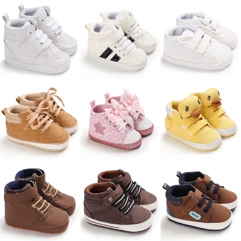 Tênis clássicos de lona para bebê recém-nascido, couro PU, fundo de pano antiderrapante, multicolorido, sapatos casuais para meninos e meninas, primeiro caminhante