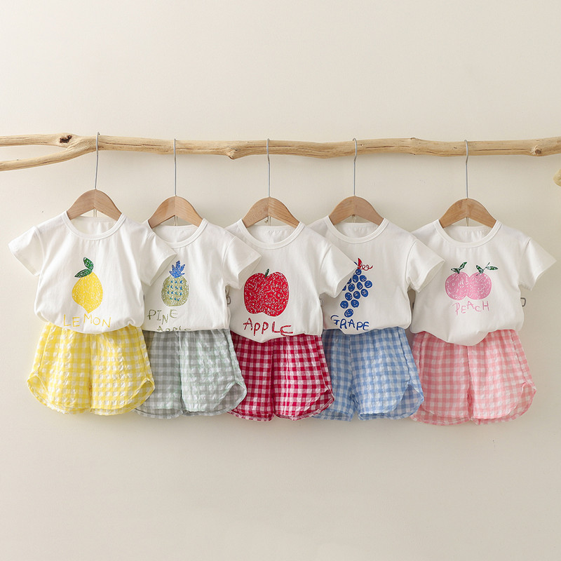Camiseta de frutas, pantalones cortos a cuadros para niñas, 2 unid/set, ropa de verano para niños, traje de manga corta de algodón para niños, ropa de moda para bebés de 1 a 6 años