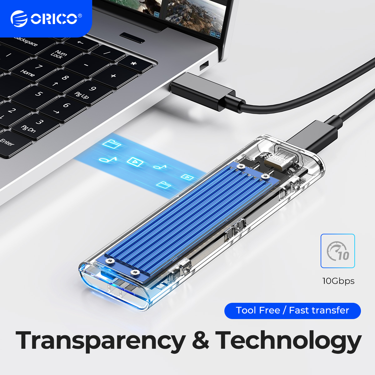 ORICO M2 SSD-Gehäuse NVMe-Gehäuse M.2 auf USB 3.2 Gen 2 10 Gbit/s Typ C Transparentes Festplattengehäuse für NVMe PCIE M/B Key SSD