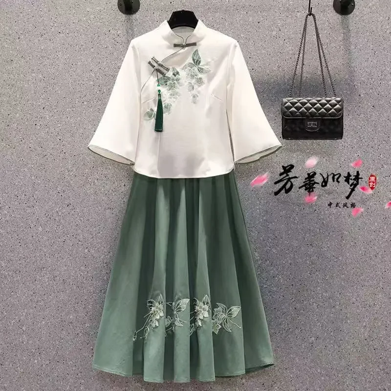 特大の女性の夏の蝶甘い中国スーツ刺繍トップスーツ韓服ブラウススカート 2 点セット L サイズ