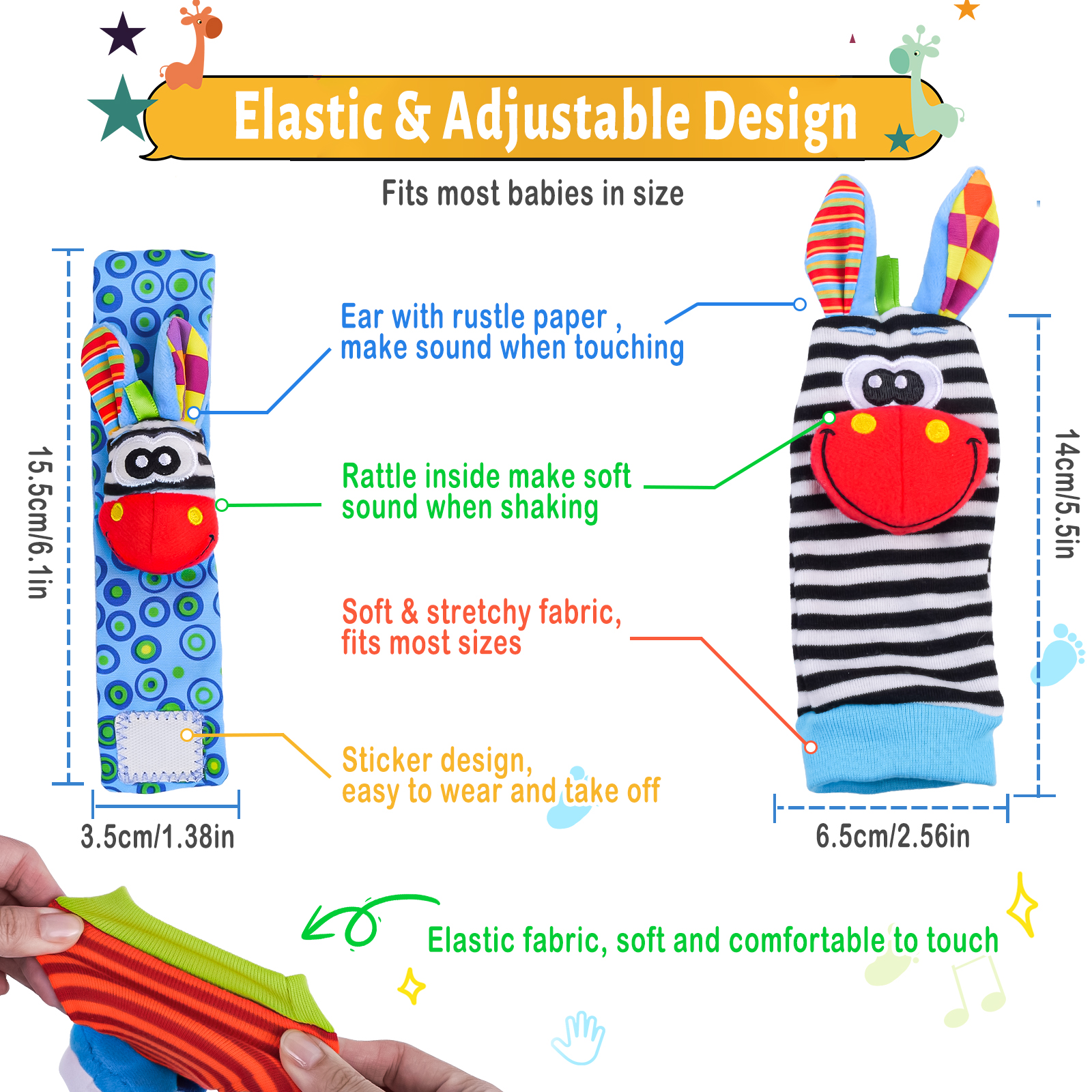 귀여운 박제 동물 아기 딸랑이 양말 손목 아기 딸랑이, 신생아 장난감, 아기용 소리 게임 만들기, 0-12 개월, 2 개, 4 개