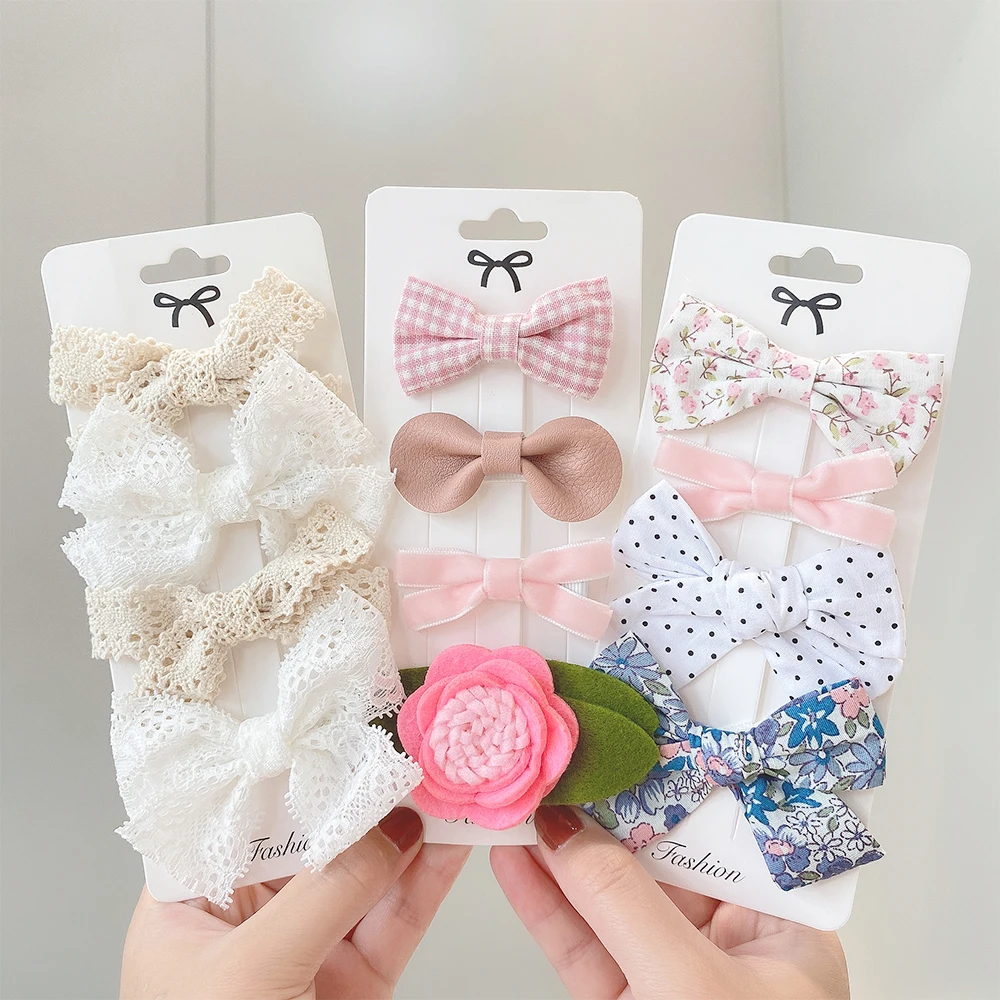 4Pcs/Set Cute Baby Girls Hair Clips Handmade Sweet Lace Printed Bows Hairpin Barrettes Toddler Kids Headwear Hair Accessories