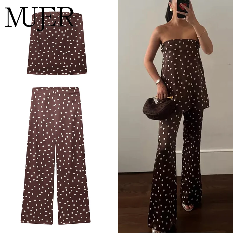 MUJER Polka Dot Hosen Set Frauen 2-teilig Satin Hohe Taille Frau Hosen Anzüge Korsett Crop Top Frau Sommer Outfit Damen Hosen