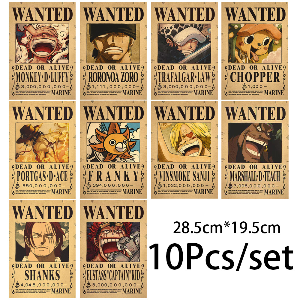 10 шт., аниме One Piece Luffy Wanted, винтажные постеры, набор для украшения стен комнаты, мультфильмы, Zoro Wanted, наклейки для рисования, игрушки, подарок