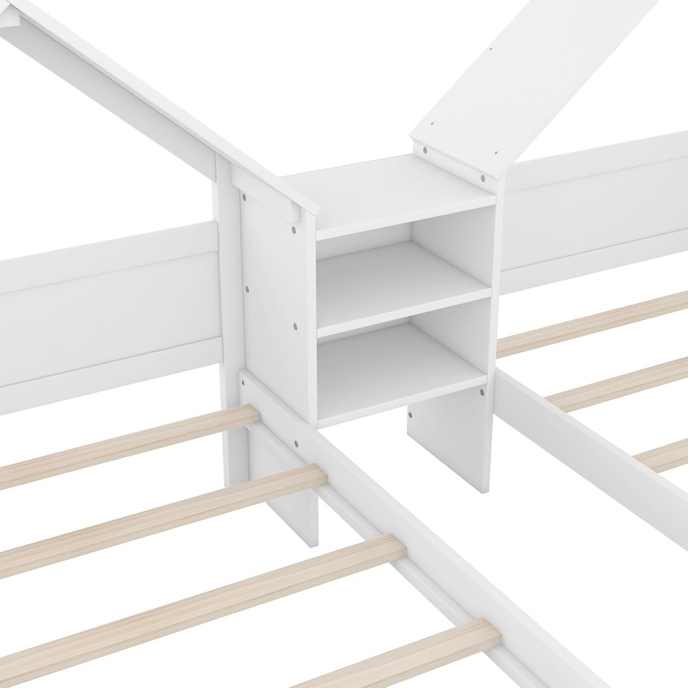 Twin House Bed Frame with Nightstand, Stylish Double House Shaped Bed for Kids and Teens, Perfect for Shared Rooms in Elegant Wh