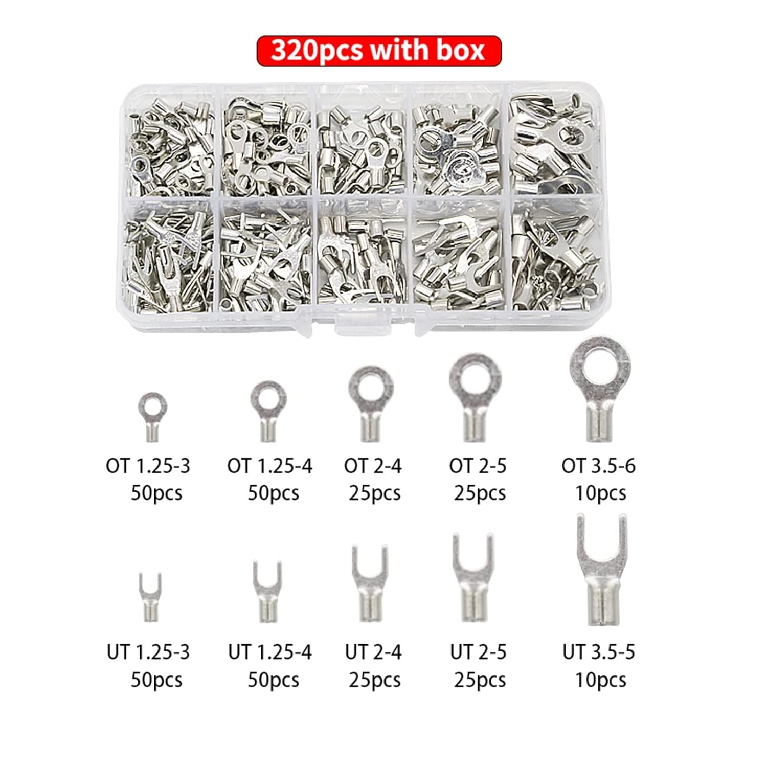 Brass Terminals Assortment Kit, Cable Wire Connector, Crimp Spade, Non-Insulated Ring Fork, U-Type, 10 in 1, 200 Pcs, 320Pcs