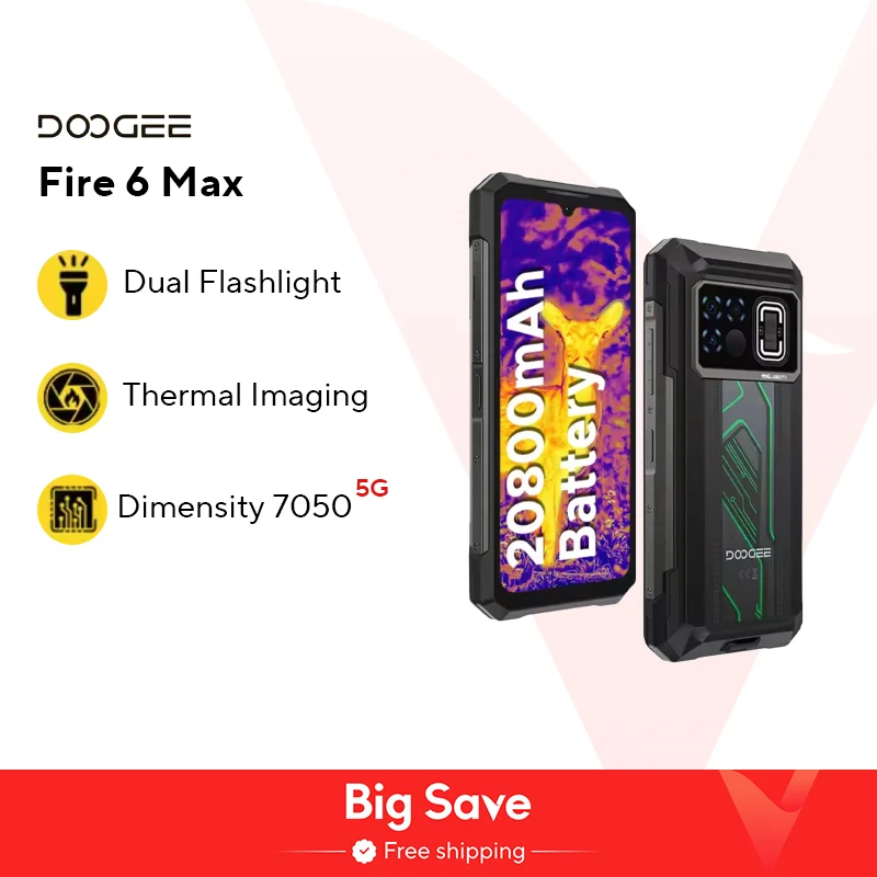Estreia mundial DOOGEE Fire 6 Max 5G Telefone robusto Dimensidade 7050 Imagem térmica 6,72" Lanterna dupla 20800mAh Bateria Celular
