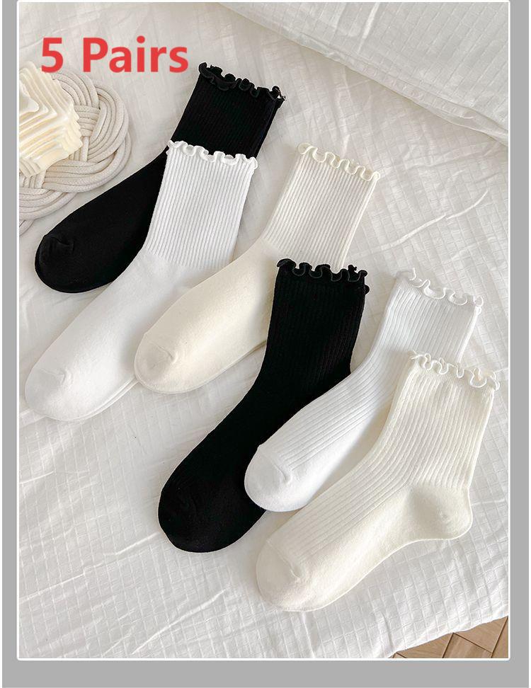 5Pairs Women's autumn and winter pure cotton socks, mid length socks, lace cuff socks, sweat absorbing, breathable velvet socks