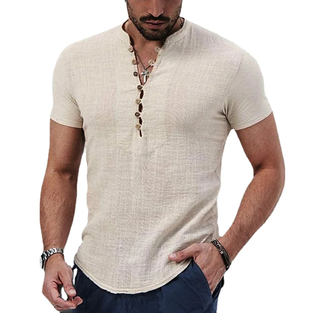 Maglietta a maniche corte da uomo nuova con scollo a V e bottoni Camicia in cotone e lino Abbigliamento casual da uomo Top popolari per uomo