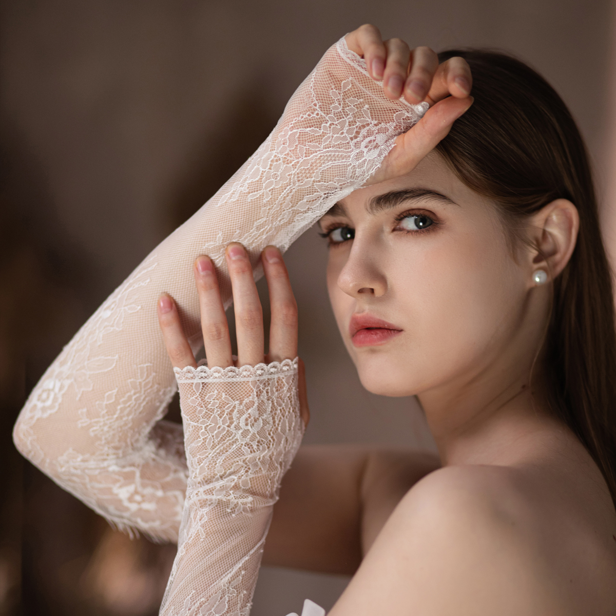 WG103 웨딩 신부 수제 장갑 속눈썹 레이스 흰색 긴 핑거리스 여성 미인 대회 댄스 파티 Sleevelet 수행