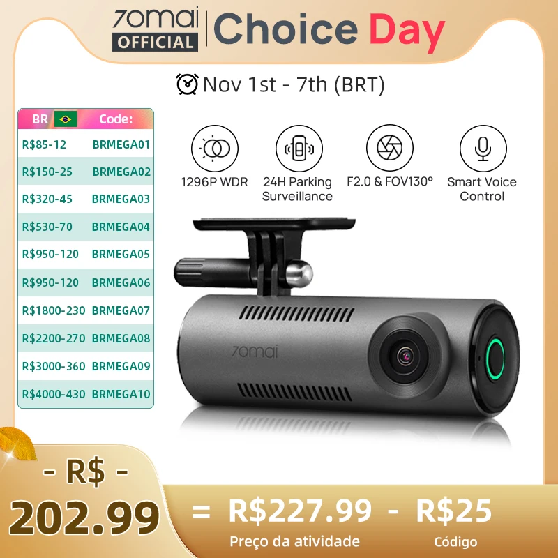70mai Dash Cam M310 1296P Resolução 130 ° FOV Smart Voice Control Suporte 24H Parking Guard Night Vision 70mai M310 Carro DVR