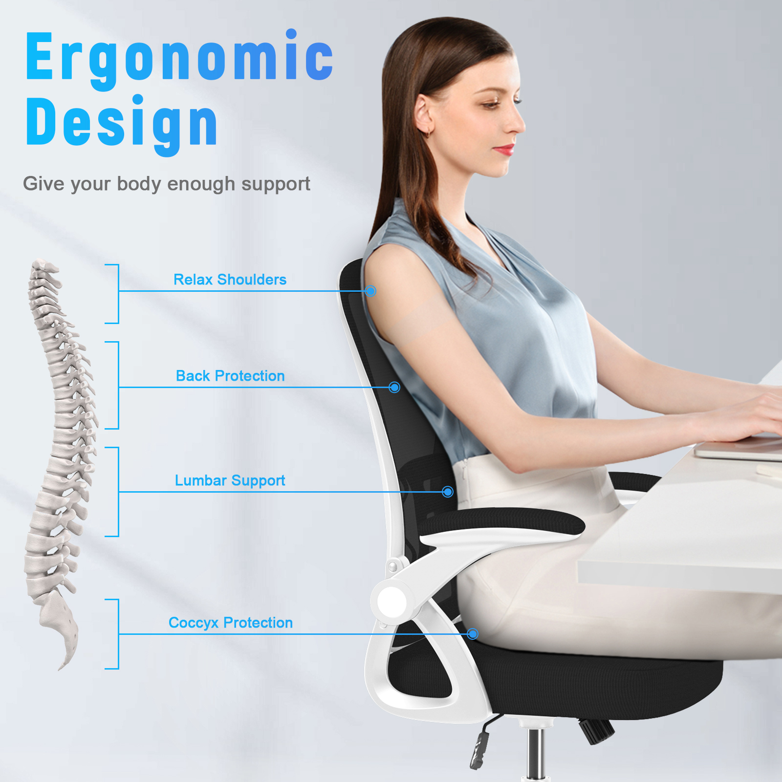 Ergonomic Office Chair Slide Seat 90° Flip-up Armrest Adjustable Lumbar Support Angle Height And Adjustable Home Office Chair