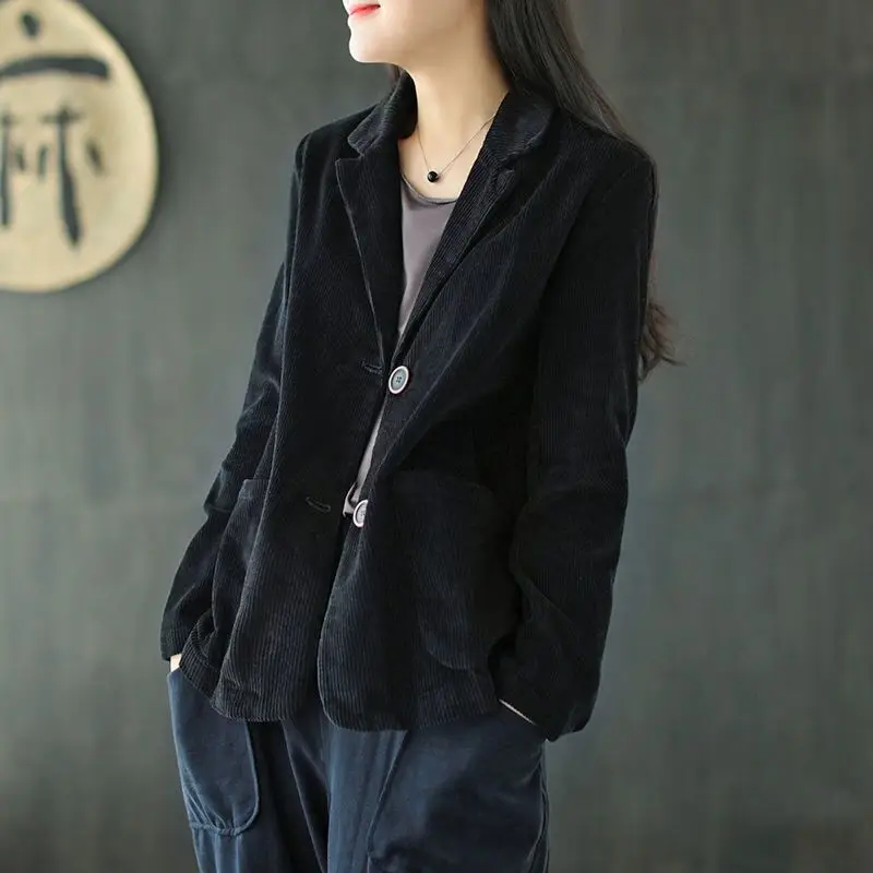 Corduroy ชุดคอปกสีทึบสั้นผู้หญิงใหม่ฤดูใบไม้ร่วงแขนยาววรรณกรรมและ Retro Casual Coat Top