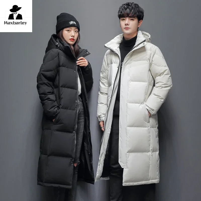 Men's Winter Long Down Jacket Brand Trendy Solid Color Hooded White Duck Down Parka Women Outdoor Ski Clothes Lightweight Coat