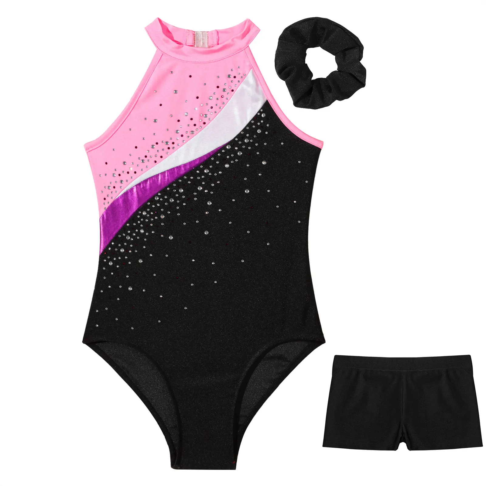 เด็กสาว Rhinestone บัลเล่ต์ Leotards ยิมนาสติกบอดี้สูทกางเกงขาสั้นด้านล่างชุด STAGE Performance แขนกุดออกกําลังกายเต้นรํา