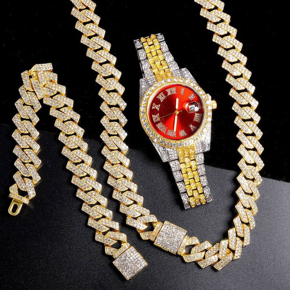 Relógio masculino banhado a ouro hip hop, movimento de quartzo com mostrador redondo de zircônia completa, design de luxo brilhante para estilo de festa