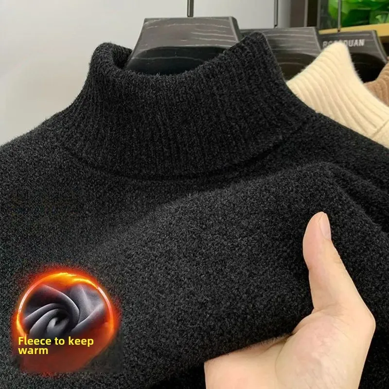 Nuevo suéter de cuello alto informal para hombre, suéter cálido suave y grueso de alta calidad, Jersey cómodo, camiseta interior de punto de terciopelo ajustada