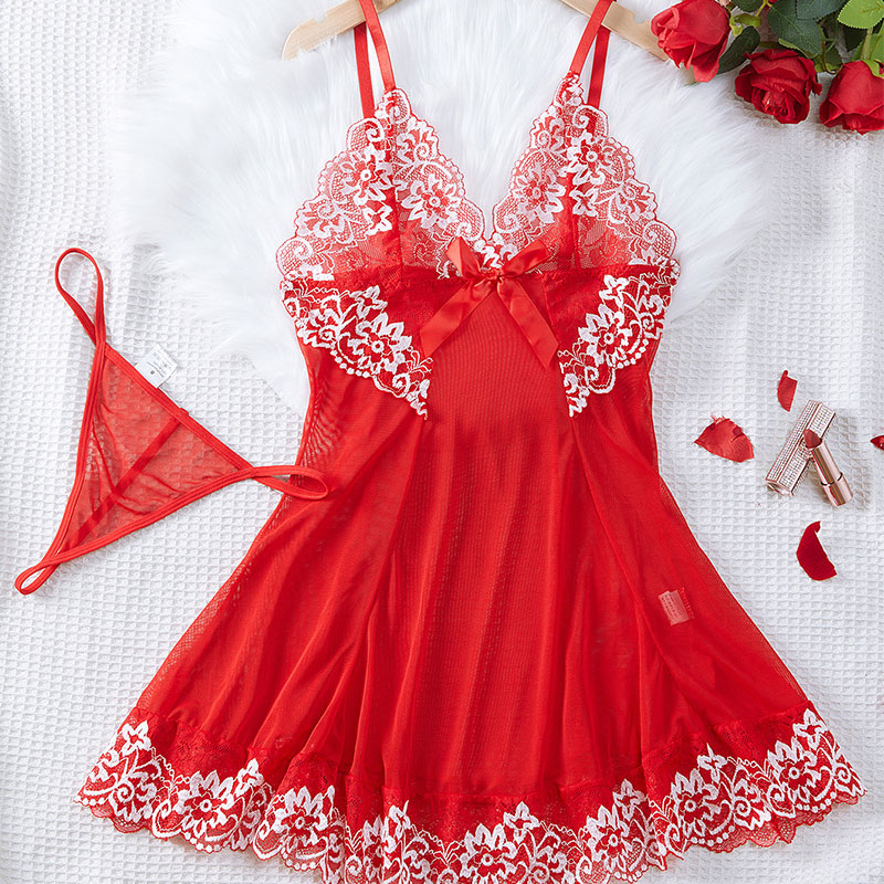 Camisón de tul de encaje, ropa de casa transparente, ropa Sexy roja, vestido de noche con cuello en V, sujetador delicado, conjunto erótico con Tanga de talla grande XXL