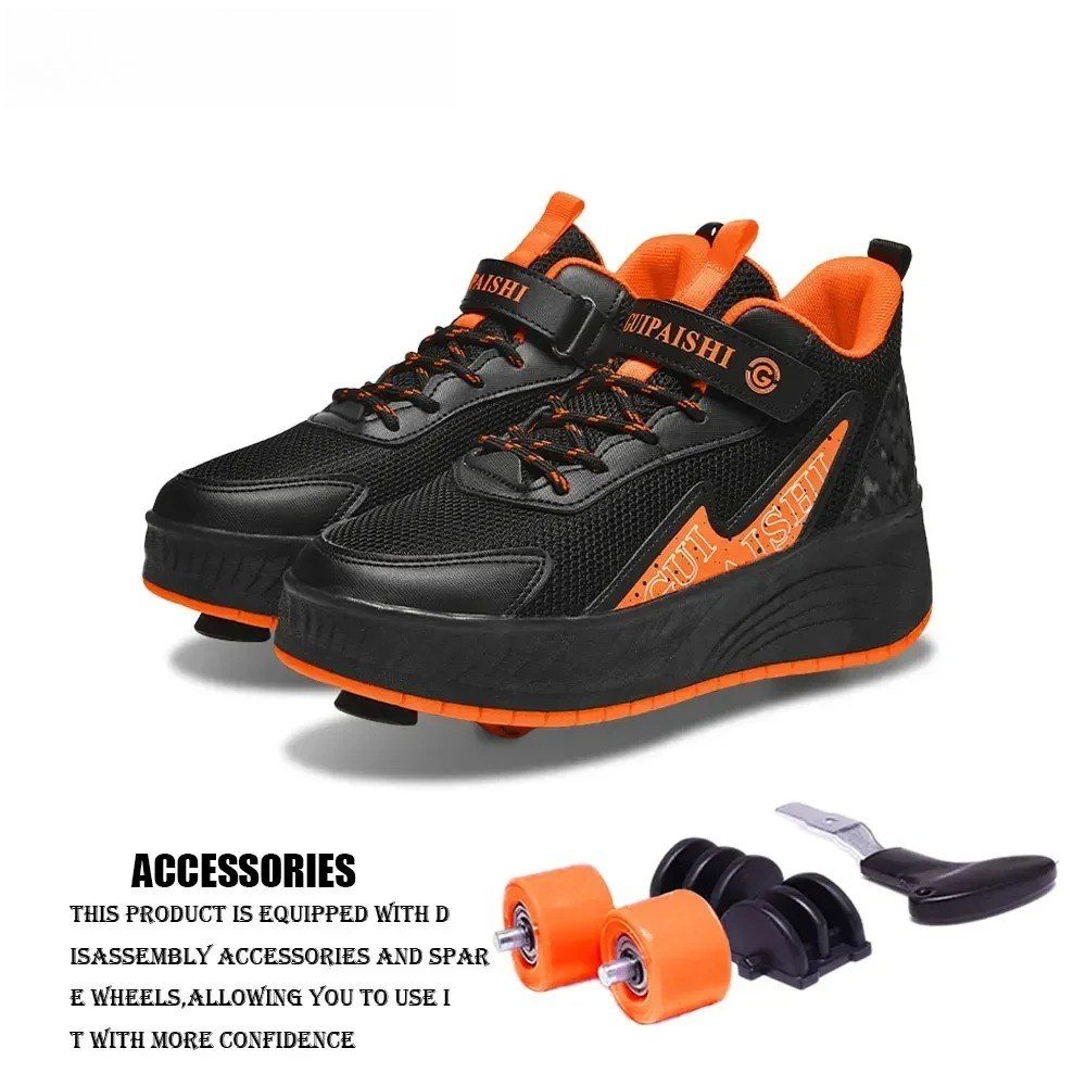 Chaussures de patins à roulettes à double usage à 2 roues pour garçons et filles, chaussures de sport d'extérieur à roulettes avec baskets de vitesse