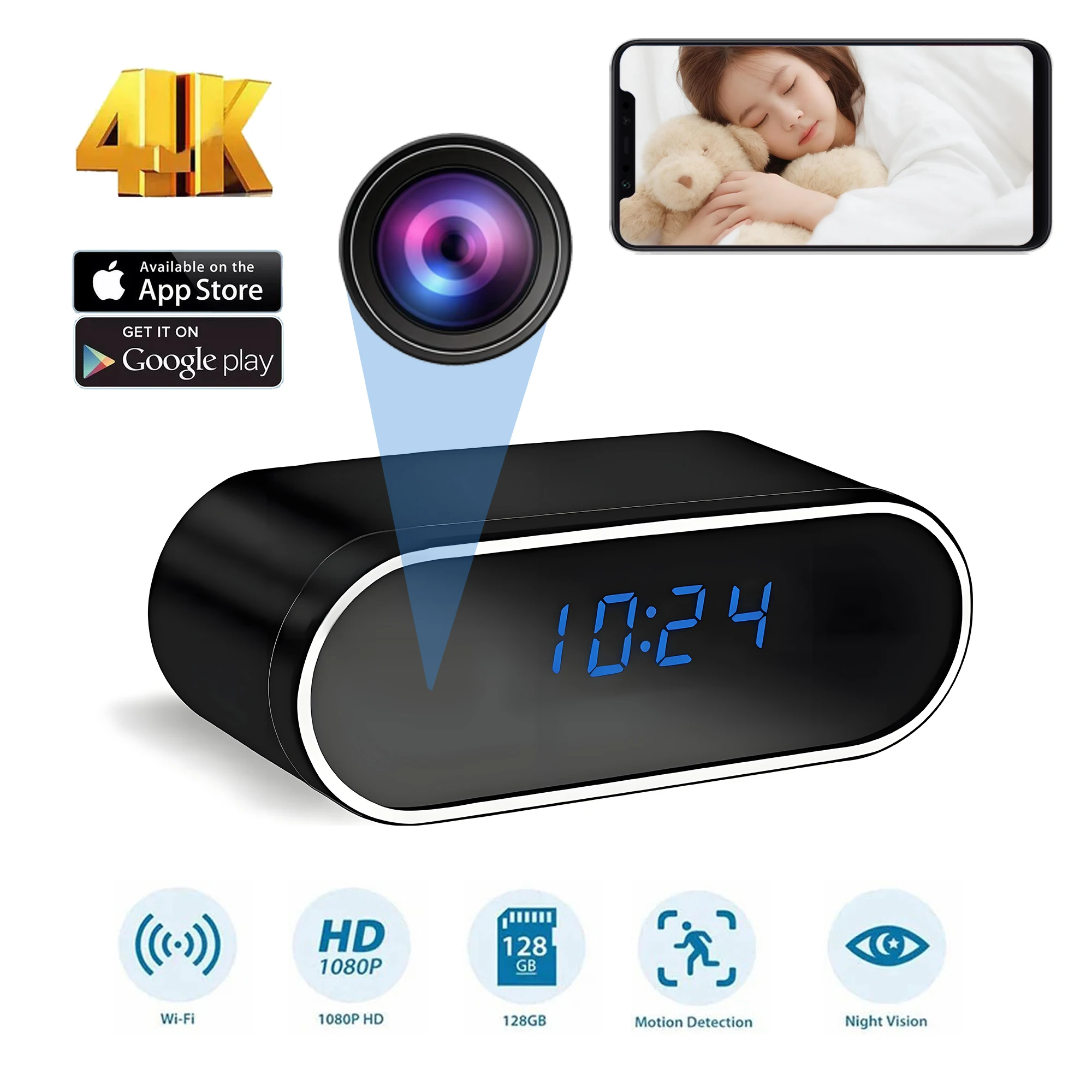 Mini cámara WiFi 1080P, reloj Full HD con detección de movimiento, visión nocturna para vigilancia del hogar y de la oficina