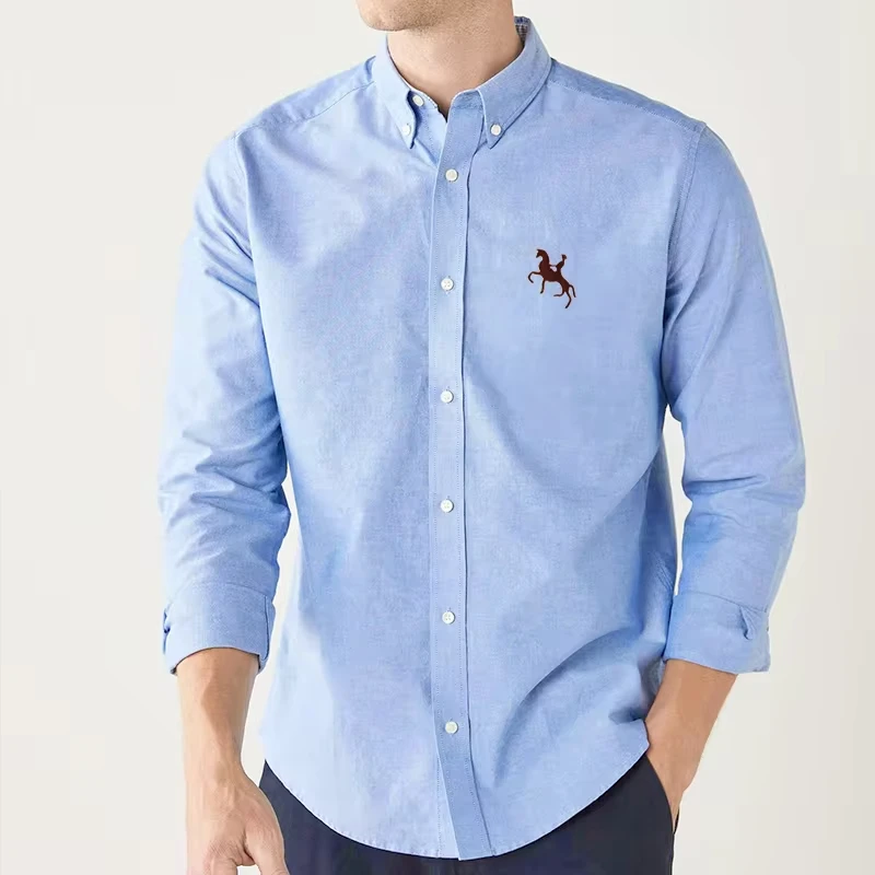 Frühling Herren hemd lang ärmel ige Frühling Herbst 100% Baumwolle Oxford lässig soziale einfarbige Stickerei gewaschen Business-Top