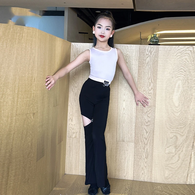 Set Tari Latin Anak Perempuan Kostum Latihan Pertunjukan Anak Atasan Pendek Tanpa Lengan Setelan Celana Pinggang Tinggi Pakaian Samba Tango XH2274