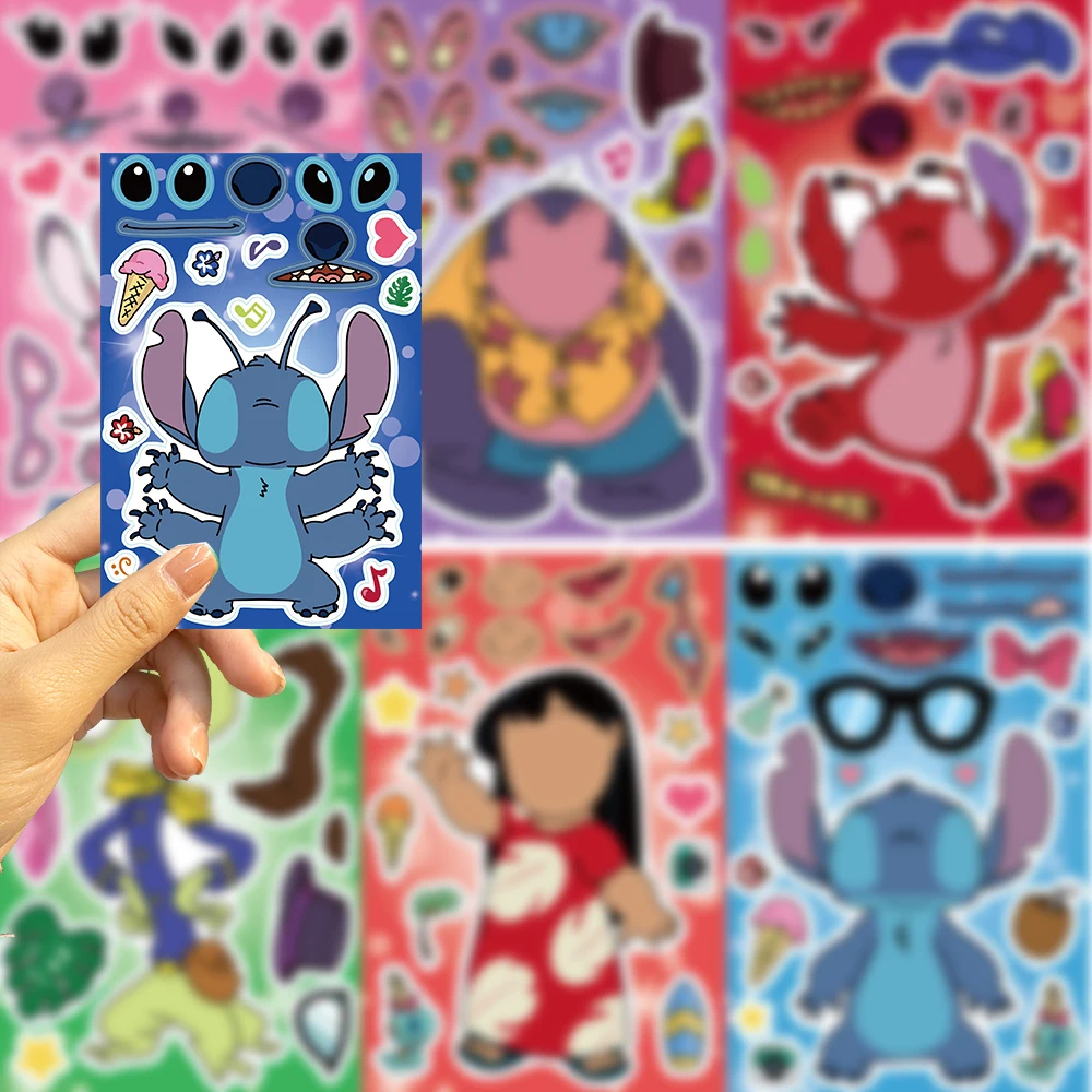 8/16/32Pcs Lilo Stitch 얼굴 퍼즐 스티커 만들기 어린이를위한 디즈니 나만의 DIY 게임 만들기 어린이 만화 퍼즐 장난감 선물
