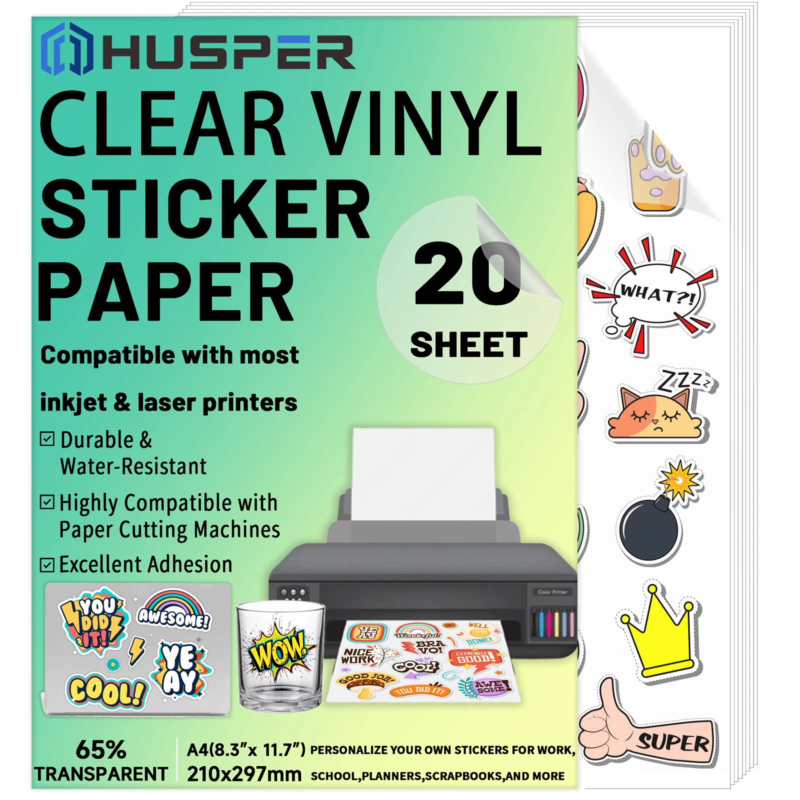 20 hojas de papel adhesivo de vinilo imprimible, translúcido A4 (8,3x11,7 pulgadas) 65% hojas autoadhesivas transparentes, impermeable, se seca rápidamente