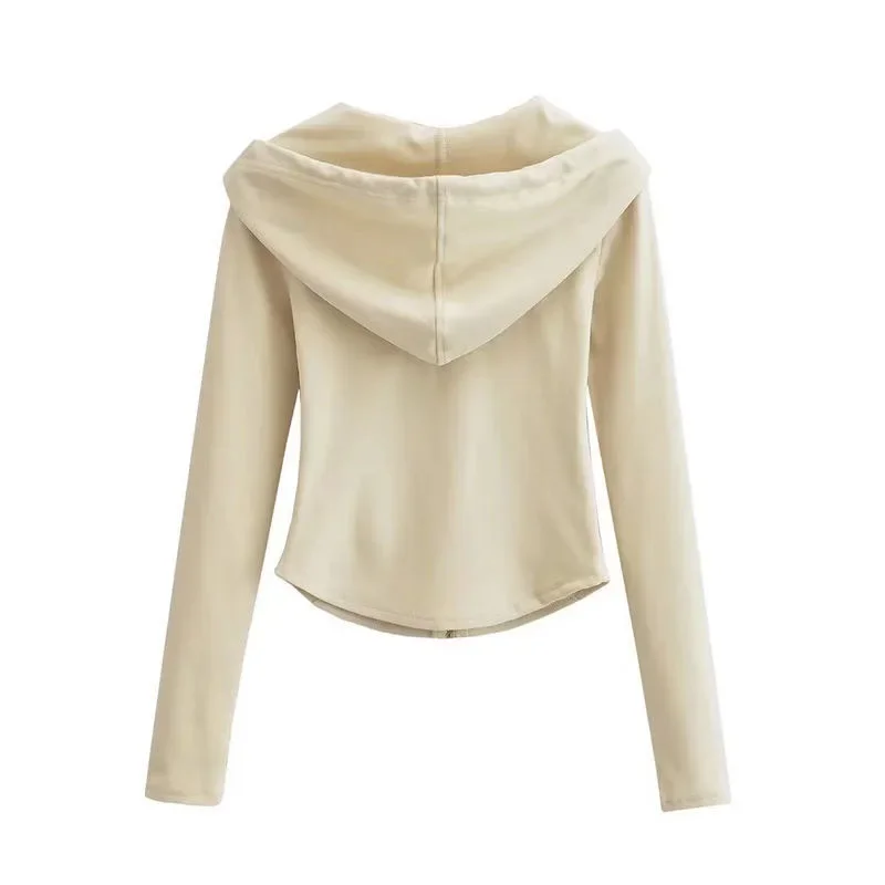 Xpqbb vintage zip up recortado hoodies feminino cor sólida y2k manga longa com capuz jaqueta mulher estilo coreano magro streetwear com capuz