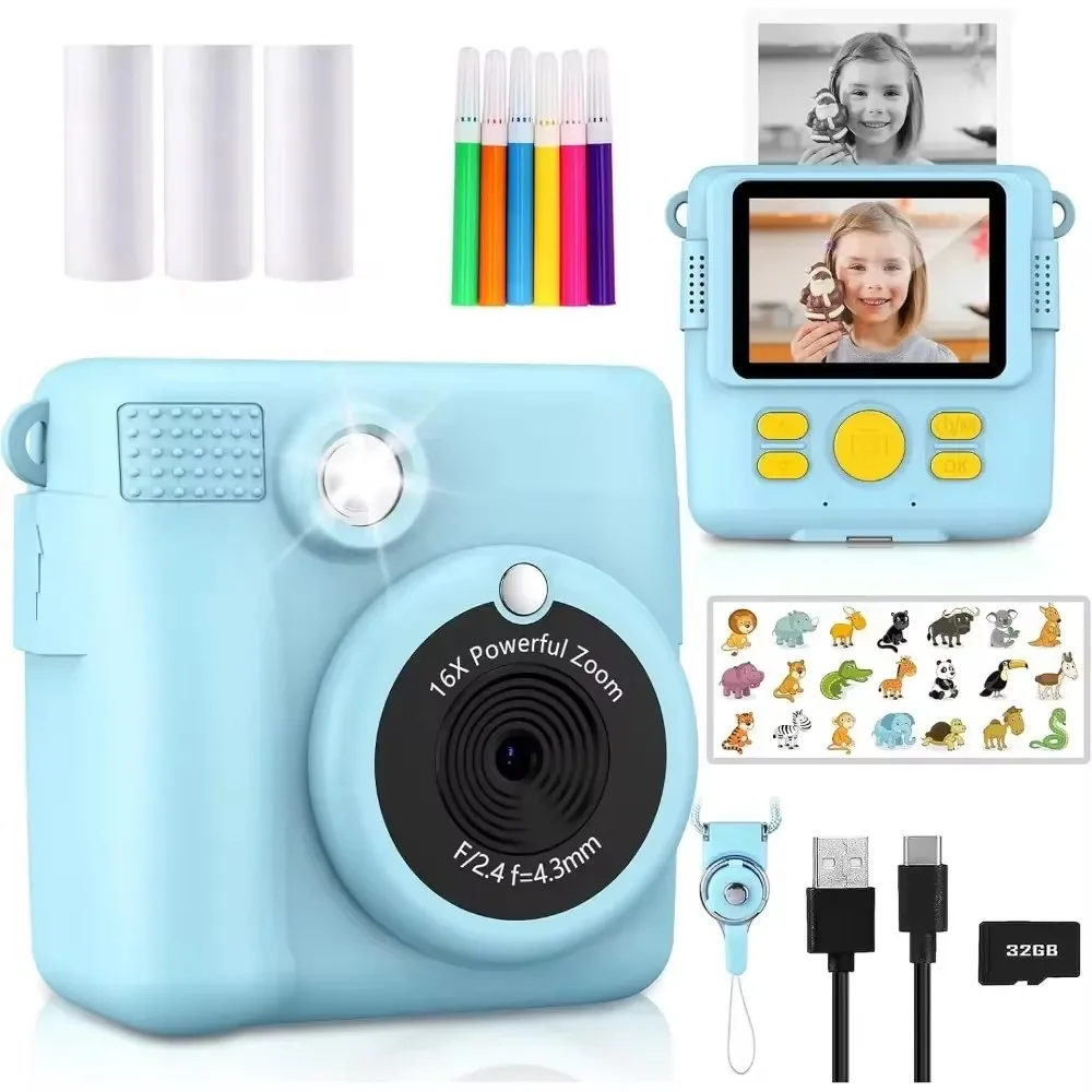 Portable Instant Print Camera for Kids - 1080P HD Video Camera with 3 Rolls Photo Paper and 32GB Card, Perfect Toy for Toddlers