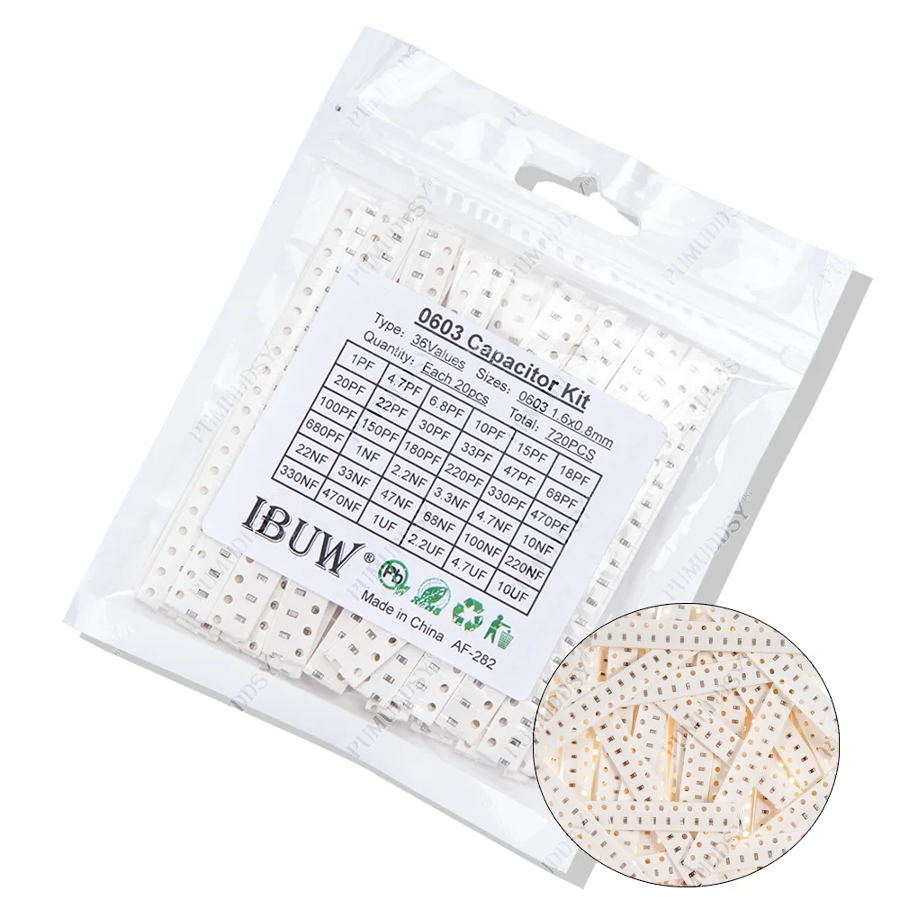 320 Uds 720 Uds 2500 Uds 0603 0805 1206 Kit de condensadores SMD Kit surtido 16/36/50 valores PUMUDSY 1PF ~ 1UF