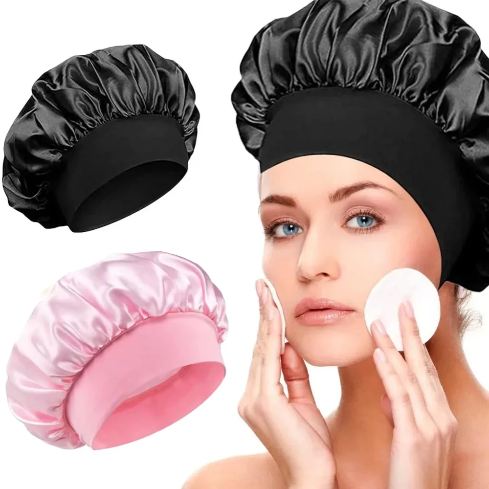 Gorros de satén de seda para mujeres y hombres, gorro elástico para el pelo con banda ancha para cabello rizado, gorro de ducha para dormir, herramienta para peluca