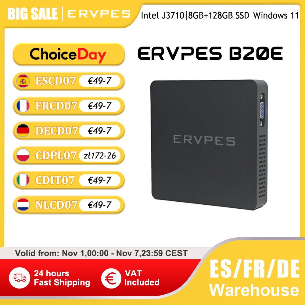 ERVPES 2025 B20E Mini PC Intel J3710 Windows 11 Pro DDR3 8GB RAM 128GB SSD HDMI/VGA BT 5.0 USB Kompaktowy Komputer Stacjonarny do Pracy/Domu