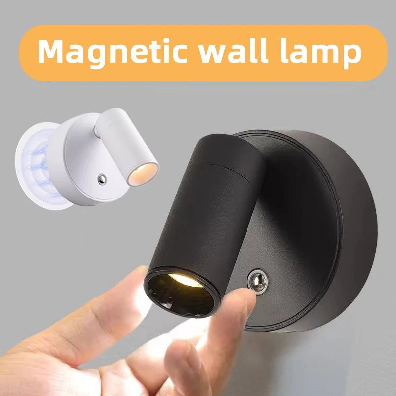 Lampada da parete a LED senza fili ricaricabile tramite USB con base magnetica con interruttore tattile Lampada da comodino dimmerabile con magnete bianco nero per la lettura