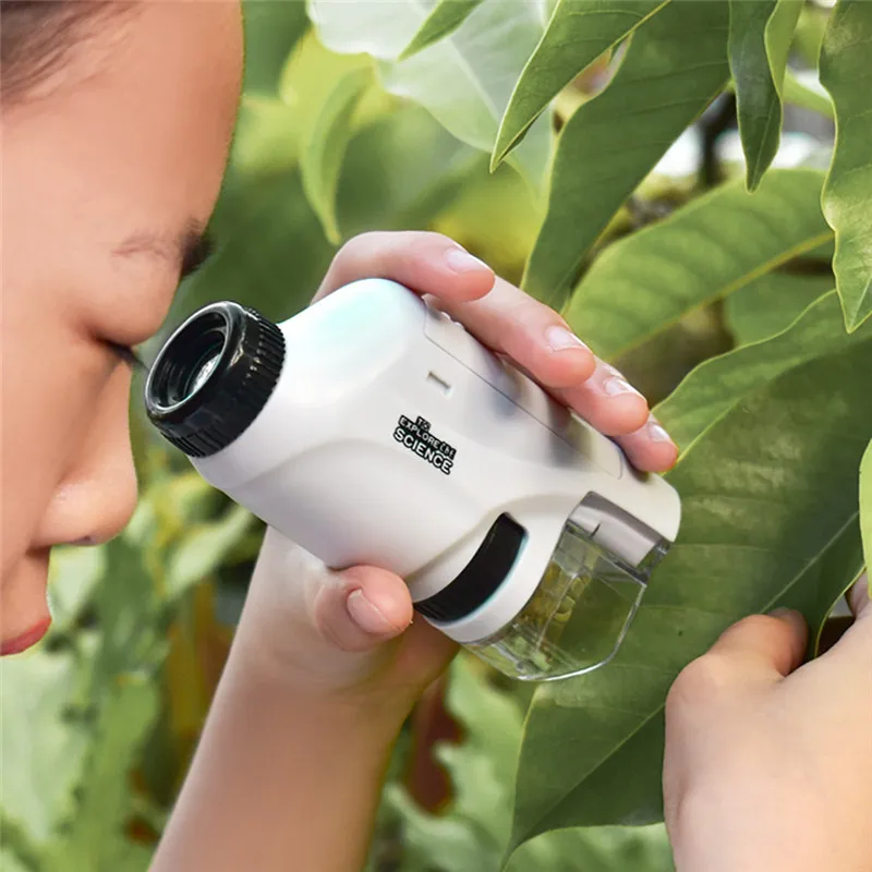 Microscopio tascabile Kit giocattolo scientifico per bambini 60-120x Mini microscopio portatile educativo con luce a LED Giocattolo stelo per bambini all'aperto