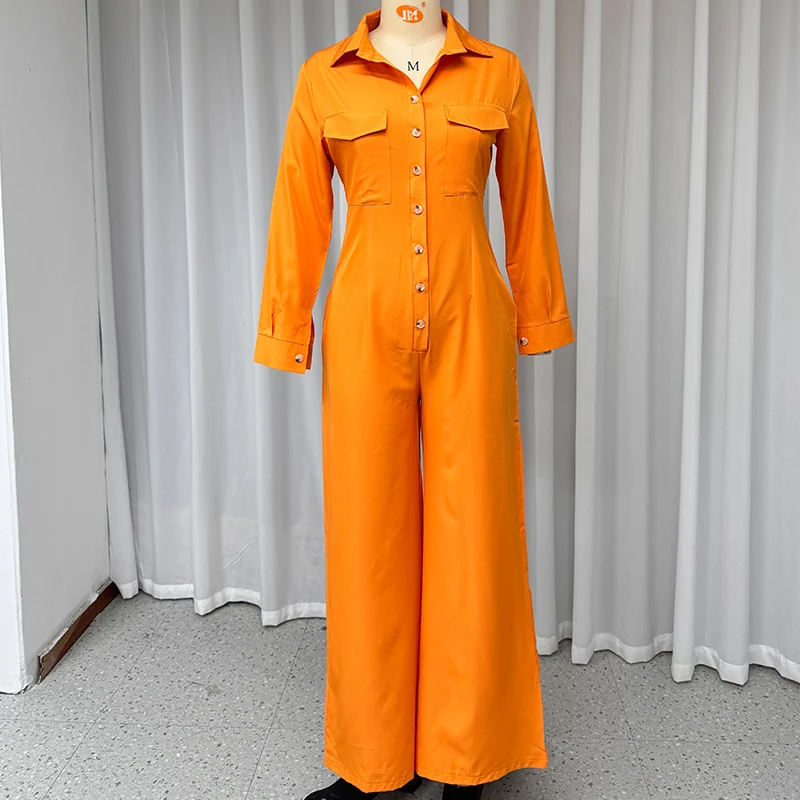 Wefads 女性ジャンプスーツファッション固体長袖ラペルシングルブレストボタンニップウエストワイド脚ロングジャンプスーツストリート