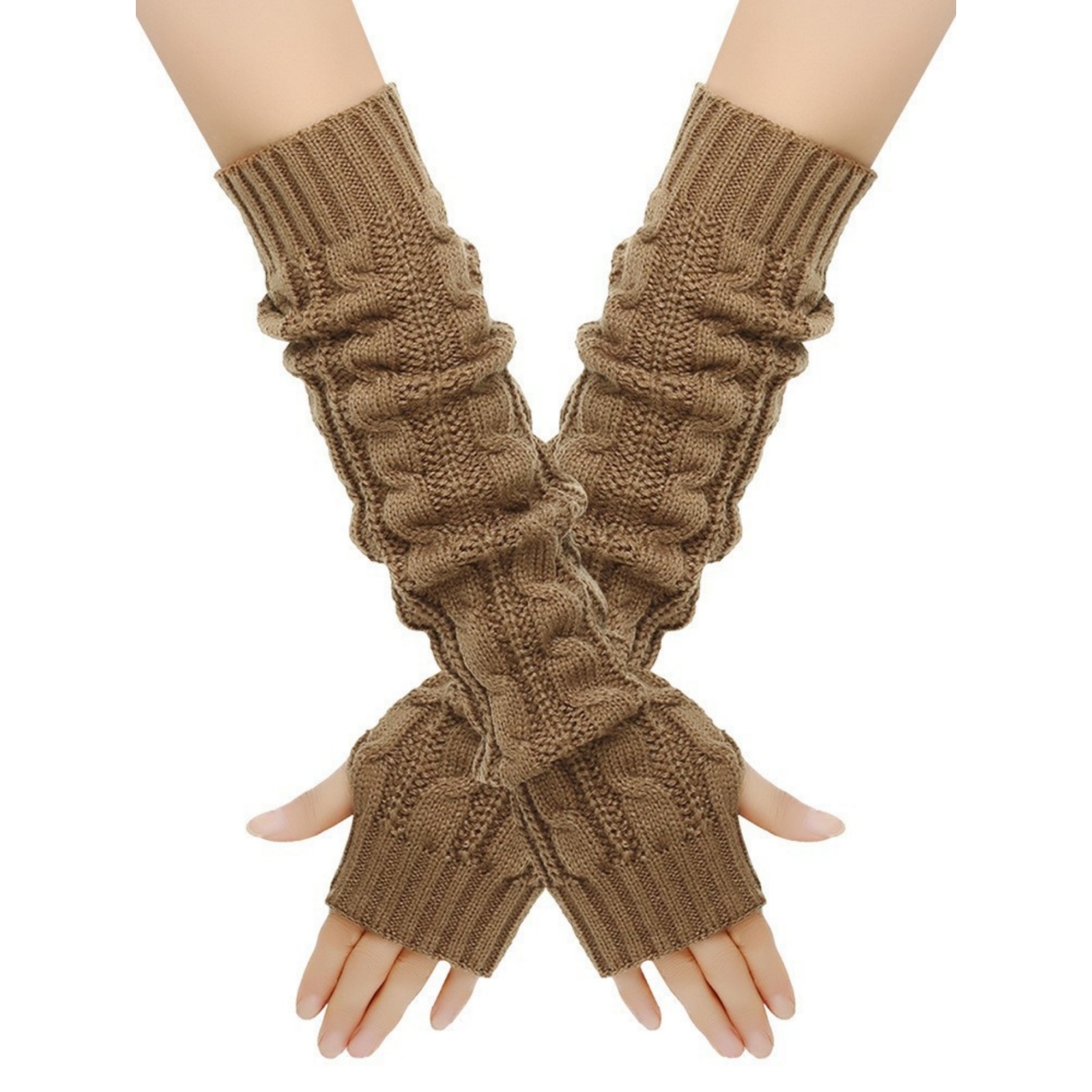 2 Stück gestrickte Armstulpen-Handschuhe für Damen: Zopfmuster – gestricktes Design, fingerlos, warm und stilvoll für Herbst, Winter, Alltagskleidung, Büro