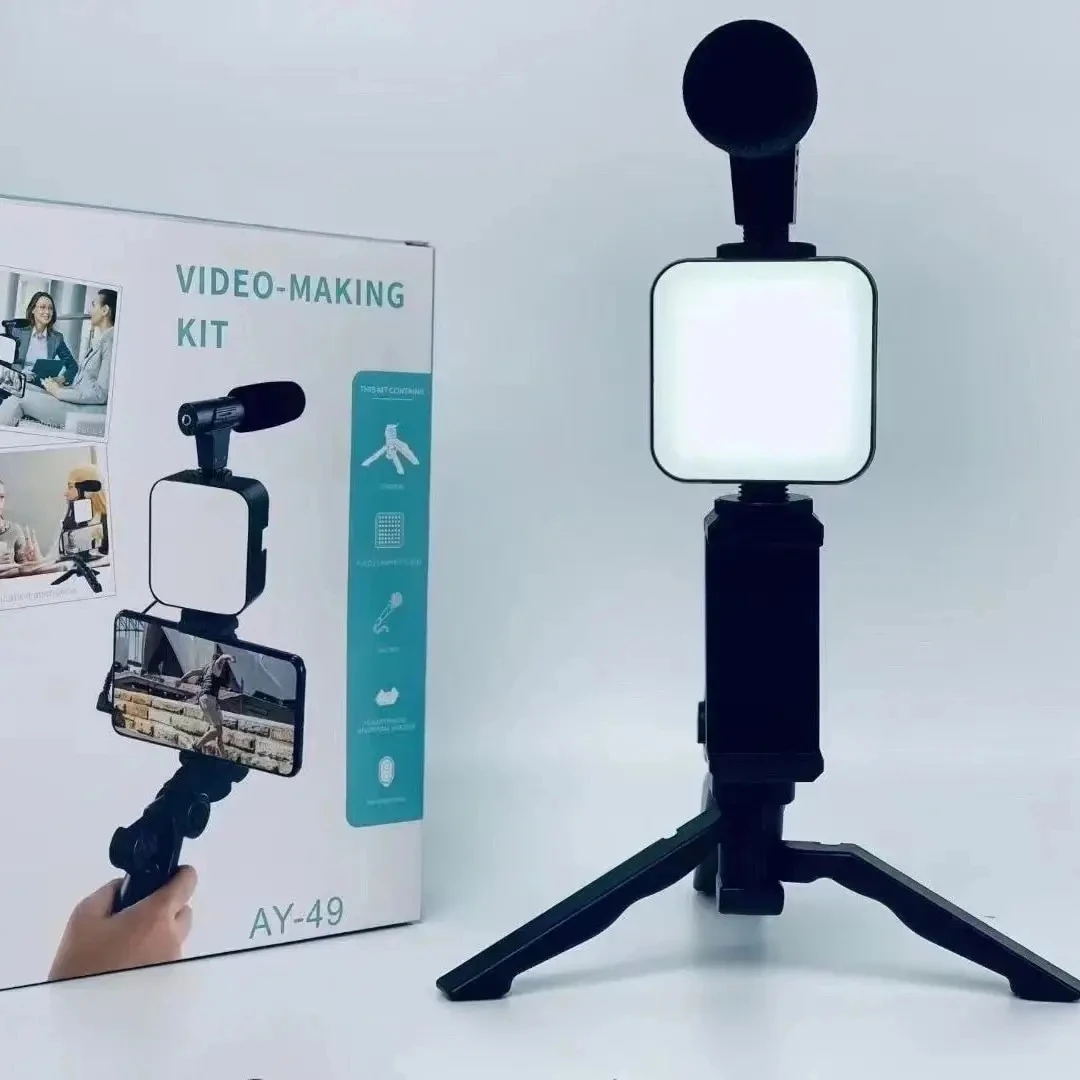Smartphone Kit Vlogging com Tripé, Suporte do telefone, Mini Microfone, LED Luz de preenchimento Starter para TikTok, Live Stream, Vídeo, YouTube