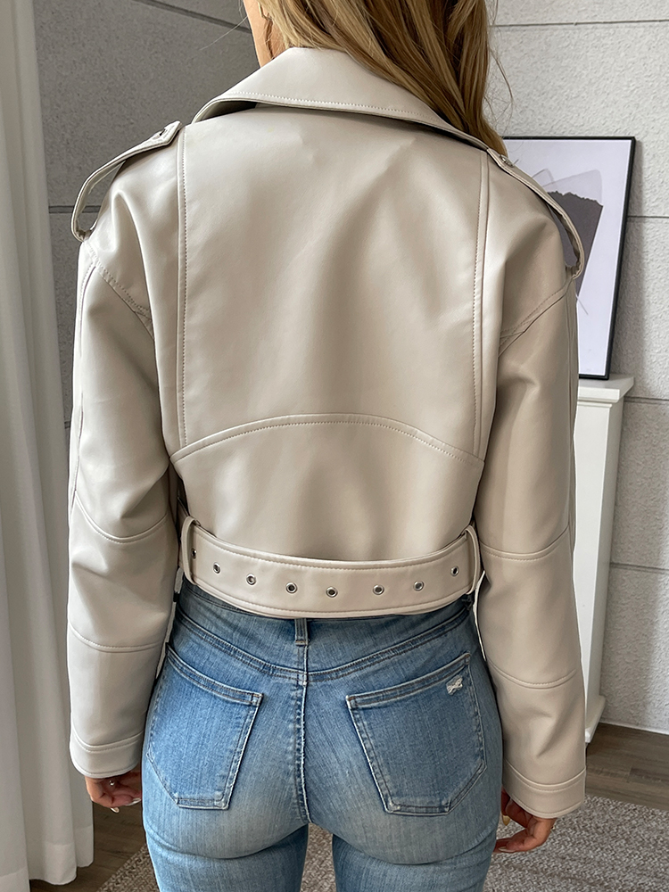 Ailegogo ストリート女性ルースモトバイカー Pu フェイクレザージャケット春秋の女性のジッパーベルトレトロコート生き抜く