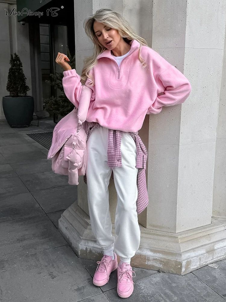 Mnealways18 PolarขนแกะสีชมพูZipperเสื้อผู้หญิงStreetwearเสื้อแขนยาวฤดูใบไม้ร่วงฤดูหนาว2024แฟชั่นสุภาพสตรี
