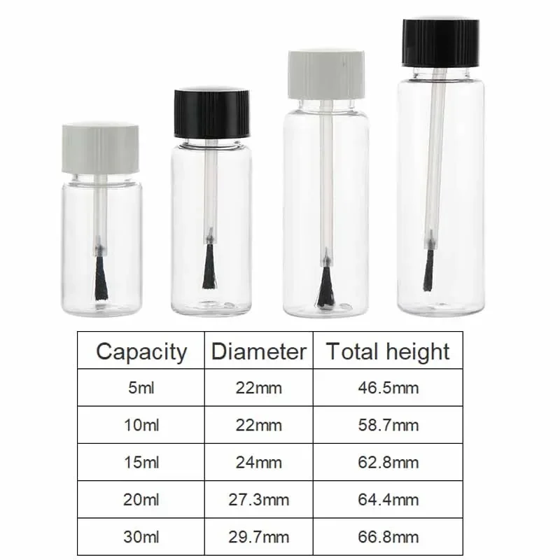 5/10 Uds 5ml 10ml 15ml 20ml 30ml botellas de plástico para esmalte de uñas envases cosméticos vacíos botella de muestra de líquido transparente con cepillo