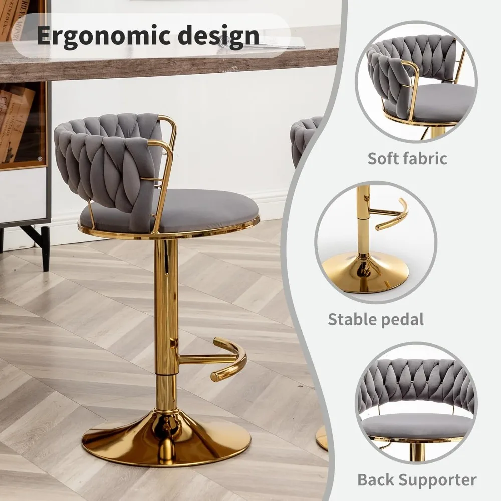 Gold Bar Stools Set of 4, Counter Height Bar Stools with Low Back, Velvet Adjustable Height Barstools,360° Swivel Bar Stools for