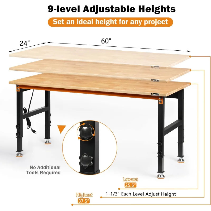 Adjustable Height Workbench, 60" Rubber Wood Top Heavy Duty Workstation with Power Outlets, 2000 LBS Load Capacity Hardwood