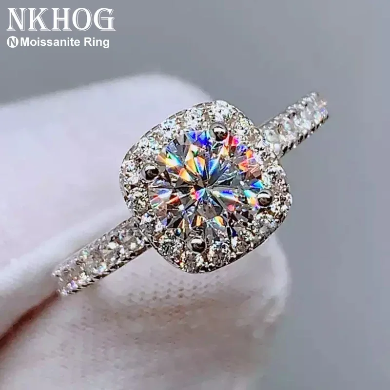 Thật Moissanite 925 Nhẫn Bạc Nữ Vuông Tròn 1CT 2CT 3CT Rực Rỡ Kim Cương Ngón Tay Ban Nhạc Cưới Món Quà Trang Sức