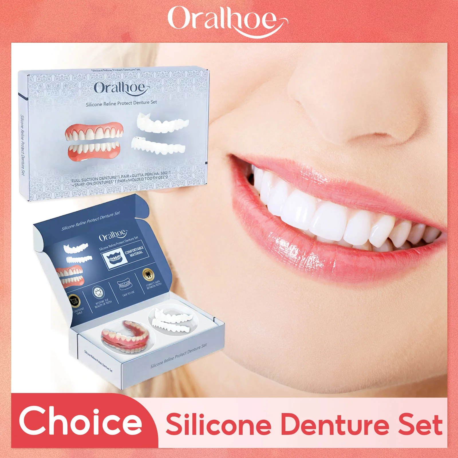 Adjustable False Teeth Kit Temporary Whiten Denture Upper Lower Veneers Comfortable Braces Natural Portable Silicone Fake Teeth
