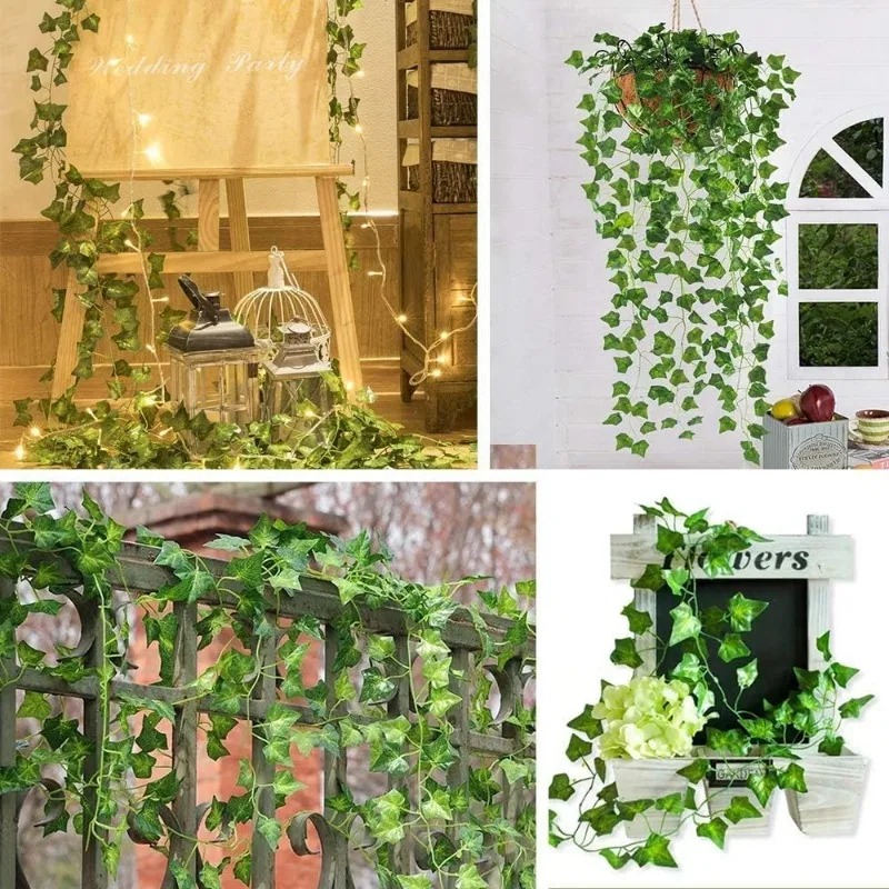 ประดิษฐ์สีเขียว Ivy Leaf หวาย Creeper ใบ Vine แขวน Garland DIY ดอกไม้ปลอมพืชสําหรับงานแต่งงาน Garden Home Decor